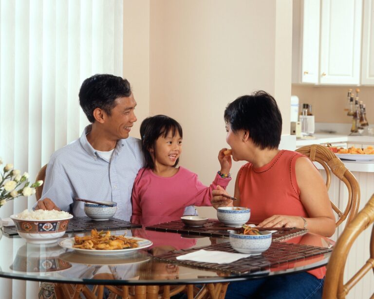 family sitting at the kitchen table sharing a meal